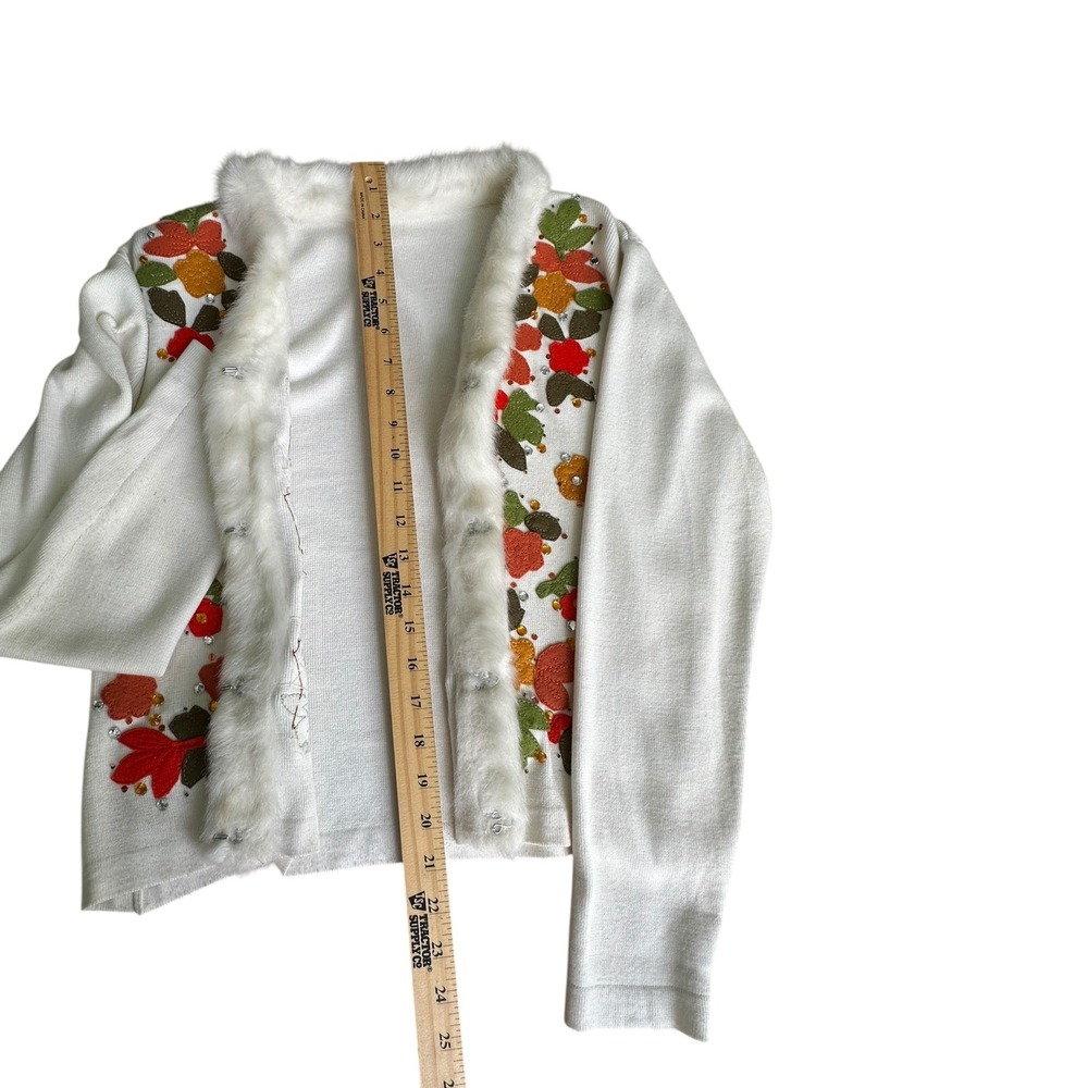 Fall Leaf Embellished Cardigan Jacket Faux Fur‎ Trim Appliqué Beaded Ivory M-L - Picture 8 of 16